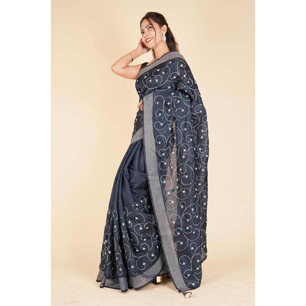 Isadora Life Womens Embroidered Thread Work Grey Pre-Draped Saree With Unstitched Blouse