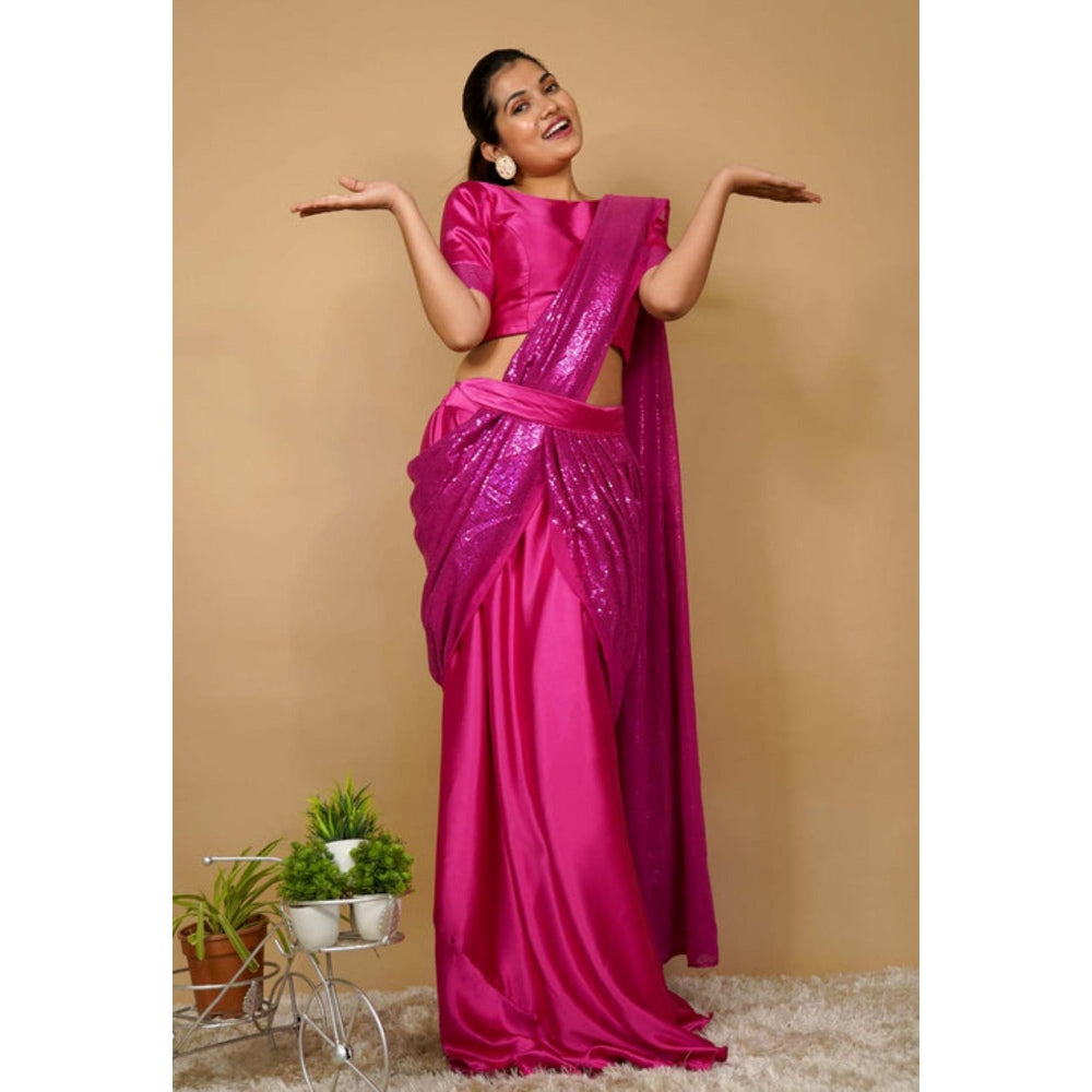 Isadora Life Womens Sequined Pink Pre-Draped Saree With Unstitched Blouse And Belt