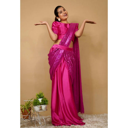 Isadora Life Womens Sequined Pink Pre-Draped Saree With Unstitched Blouse And Belt