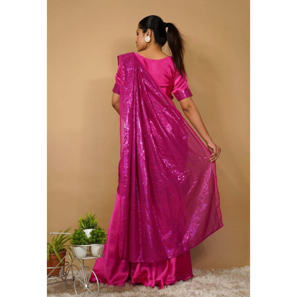 Isadora Life Womens Sequined Pink Pre-Draped Saree With Unstitched Blouse And Belt