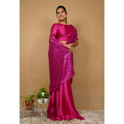 Isadora Life Womens Sequined Pink Pre-Draped Saree With Unstitched Blouse And Belt