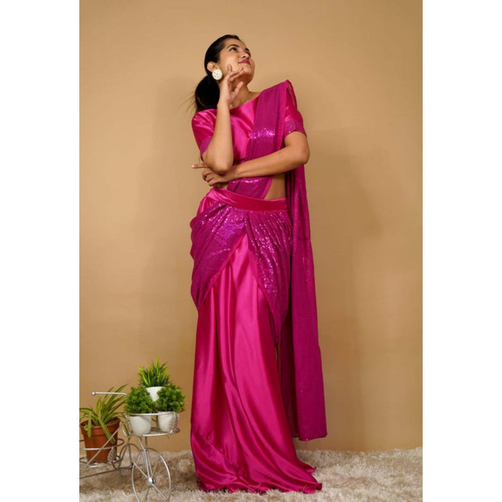 Isadora Life Womens Sequined Pink Pre-Draped Saree With Unstitched Blouse And Belt