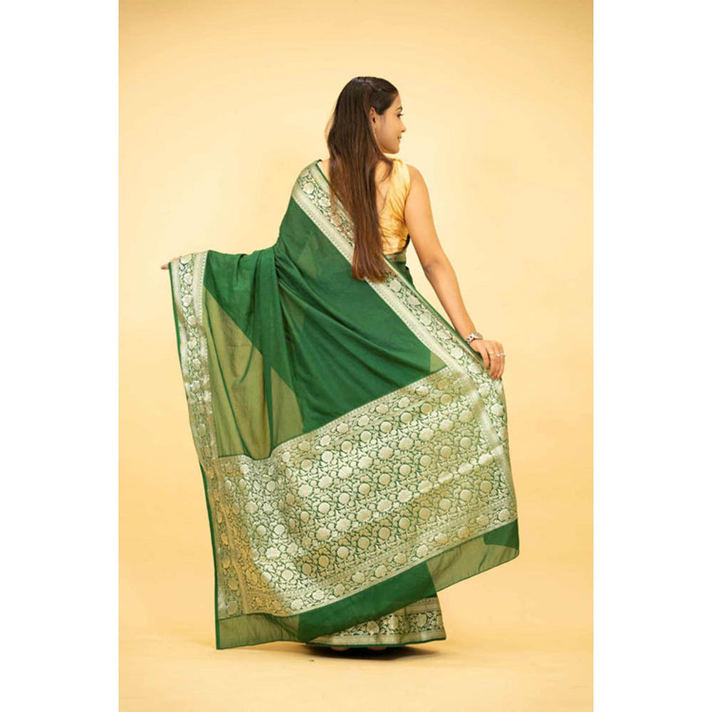 Isadora Life Womens Woven Zari Green Pre-Draped Saree With Unstitched Blouse