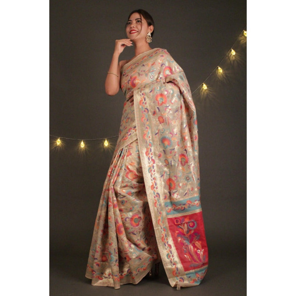 Isadora Life Womens Printed Beige Pre-Draped Saree With Unstitched Blouse