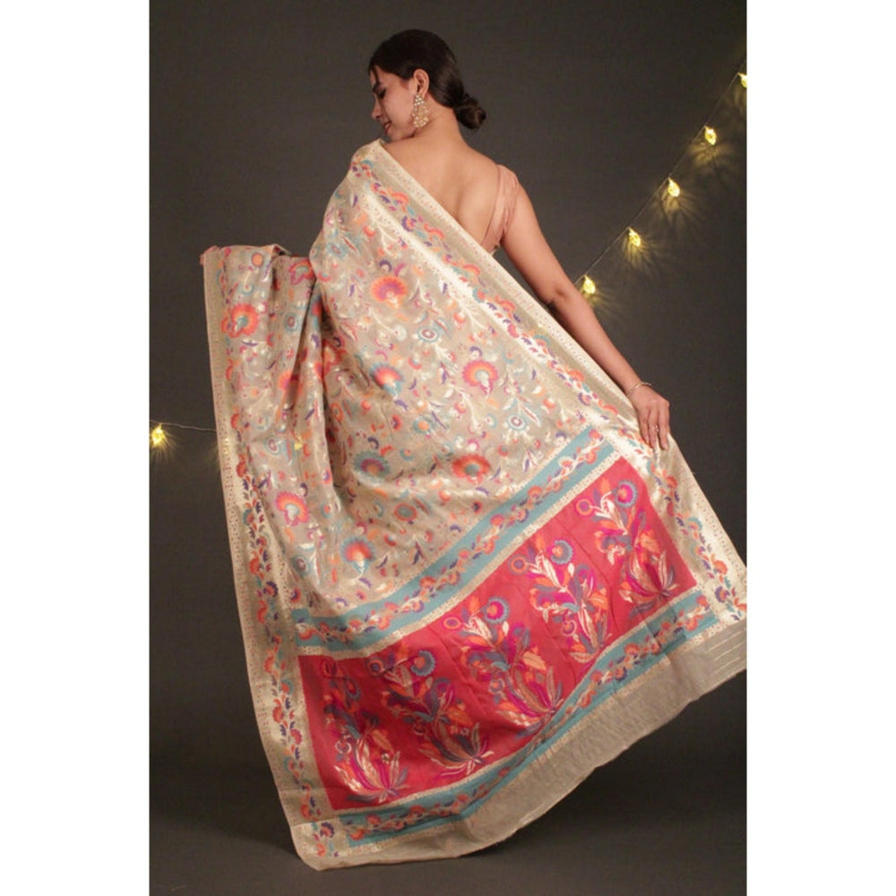 Isadora Life Womens Printed Beige Pre-Draped Saree With Unstitched Blouse