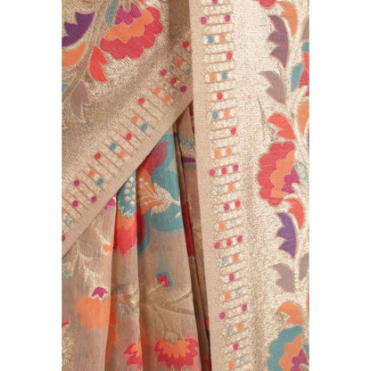 Isadora Life Womens Printed Beige Pre-Draped Saree With Unstitched Blouse