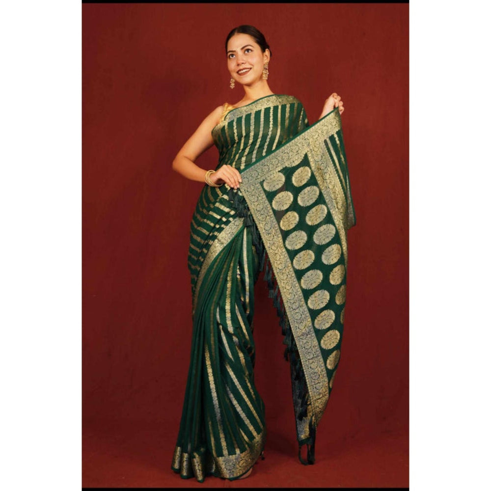 Isadora Life Womens Woven Tassels Green Pre-Draped Saree With Unstitched Blouse