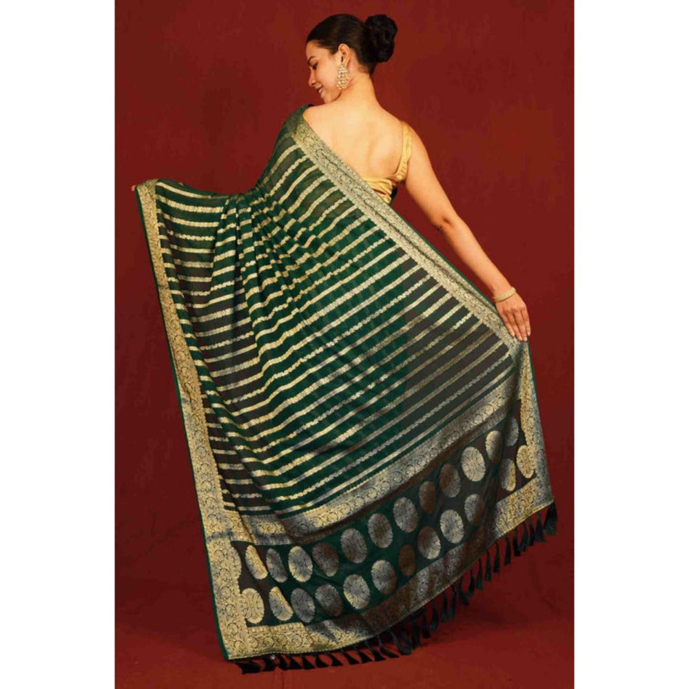 Isadora Life Womens Woven Tassels Green Pre-Draped Saree With Unstitched Blouse