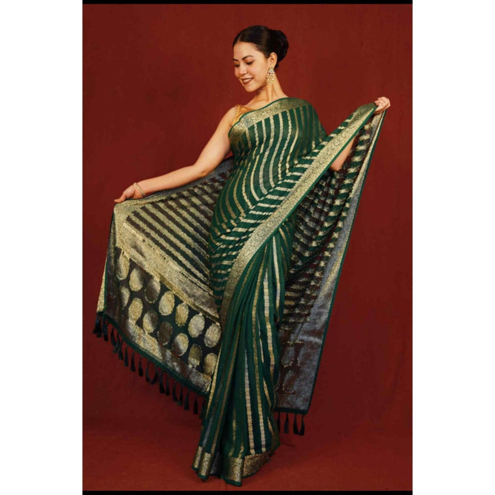 Isadora Life Womens Woven Tassels Green Pre-Draped Saree With Unstitched Blouse