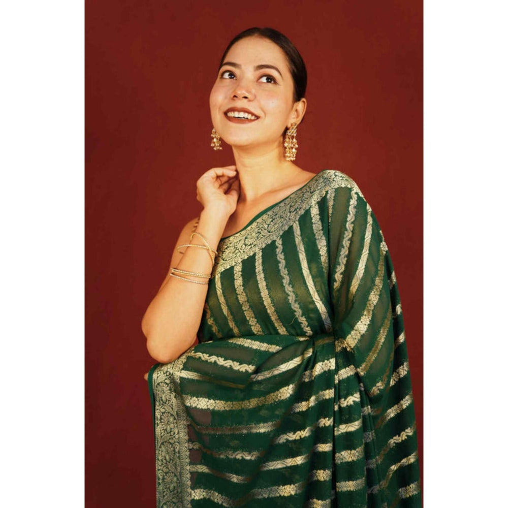 Isadora Life Womens Woven Tassels Green Pre-Draped Saree With Unstitched Blouse