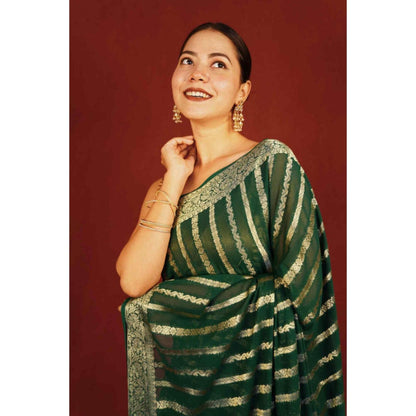 Isadora Life Womens Woven Tassels Green Pre-Draped Saree With Unstitched Blouse