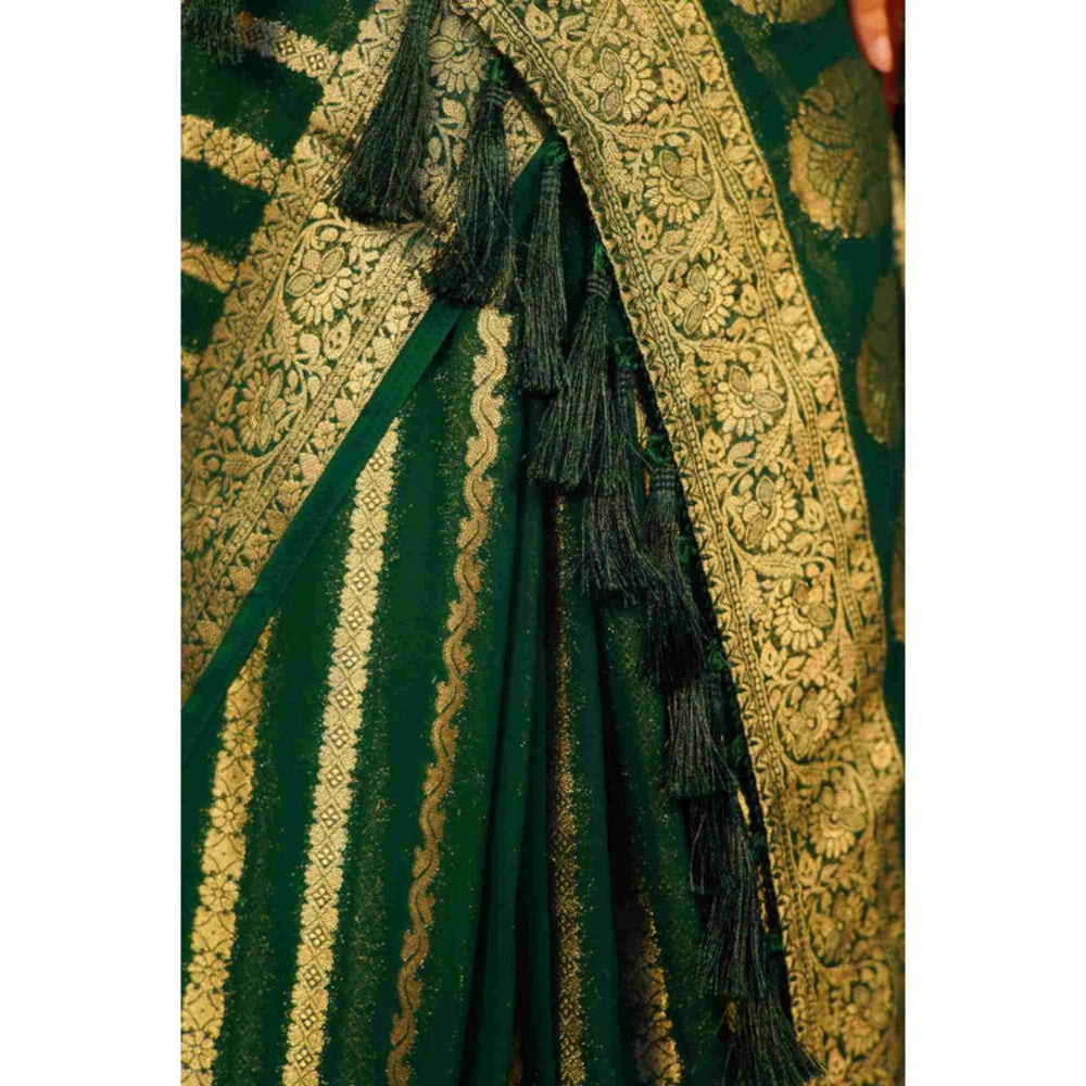 Isadora Life Womens Woven Tassels Green Pre-Draped Saree With Unstitched Blouse