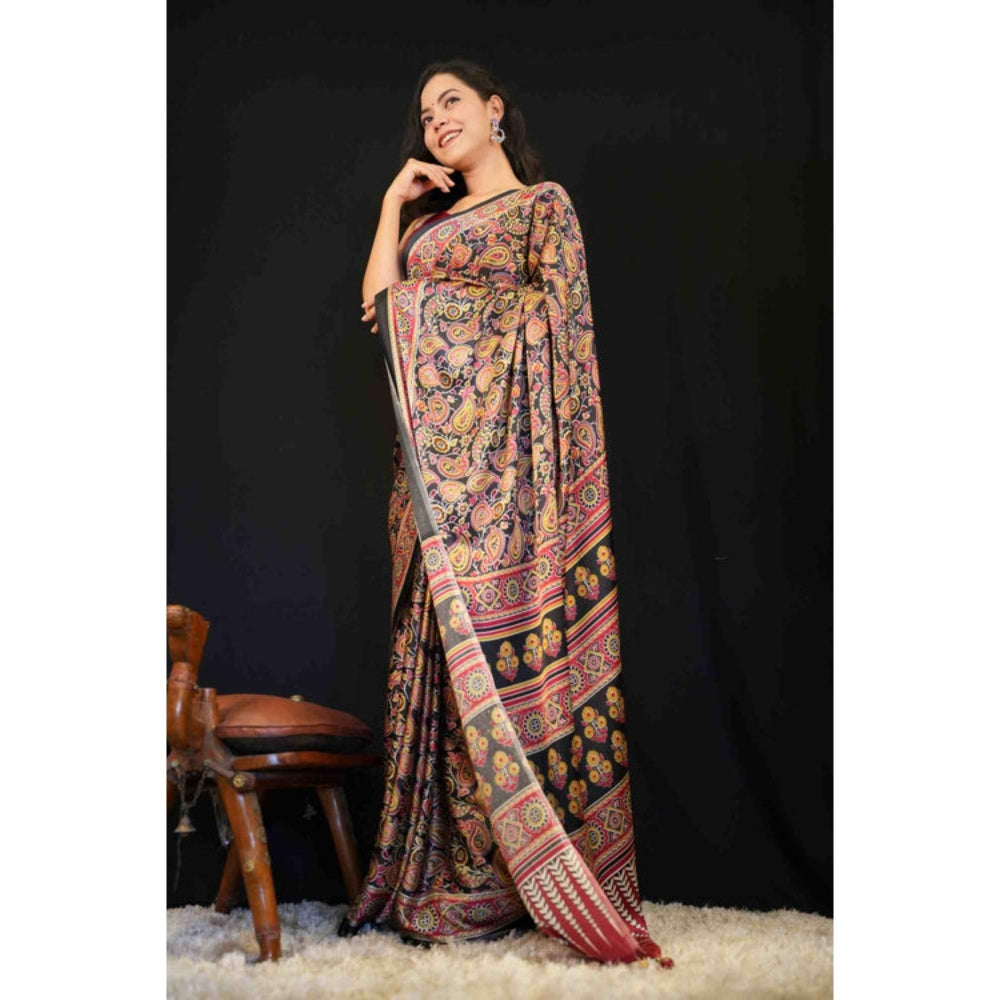 Isadora Life Womens Printed Multi-Color Pre-Draped Saree With Unstitched Blouse