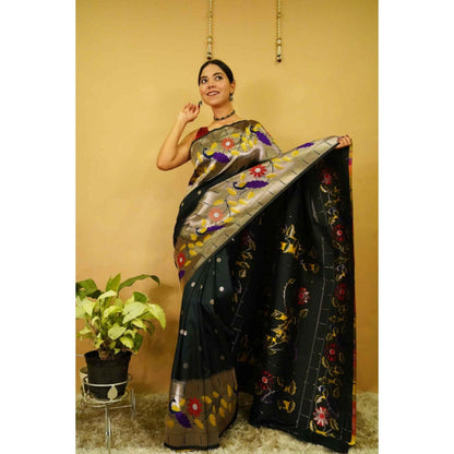 Isadora Life Womens Floral Woven Green Pre-Draped Saree With Unstitched Blouse