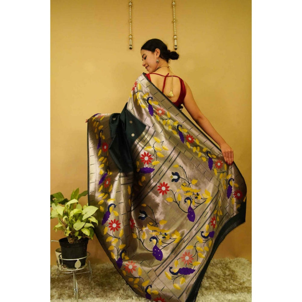 Isadora Life Womens Floral Woven Green Pre-Draped Saree With Unstitched Blouse
