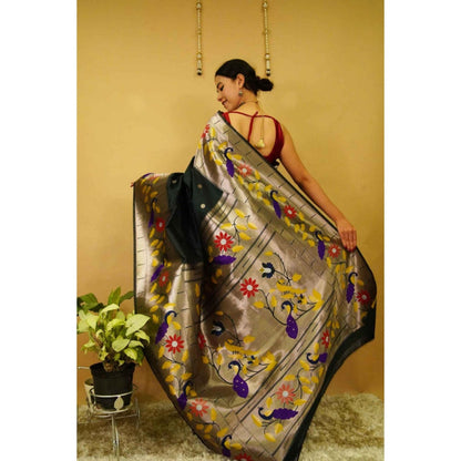 Isadora Life Womens Floral Woven Green Pre-Draped Saree With Unstitched Blouse