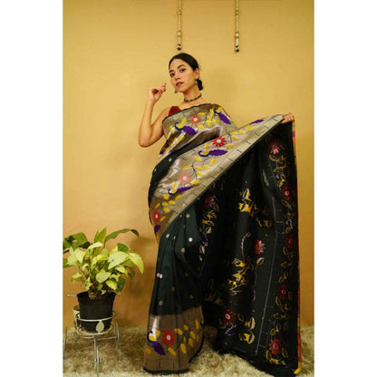 Isadora Life Womens Floral Woven Green Pre-Draped Saree With Unstitched Blouse