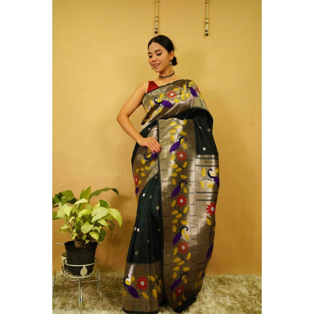 Isadora Life Womens Floral Woven Green Pre-Draped Saree With Unstitched Blouse