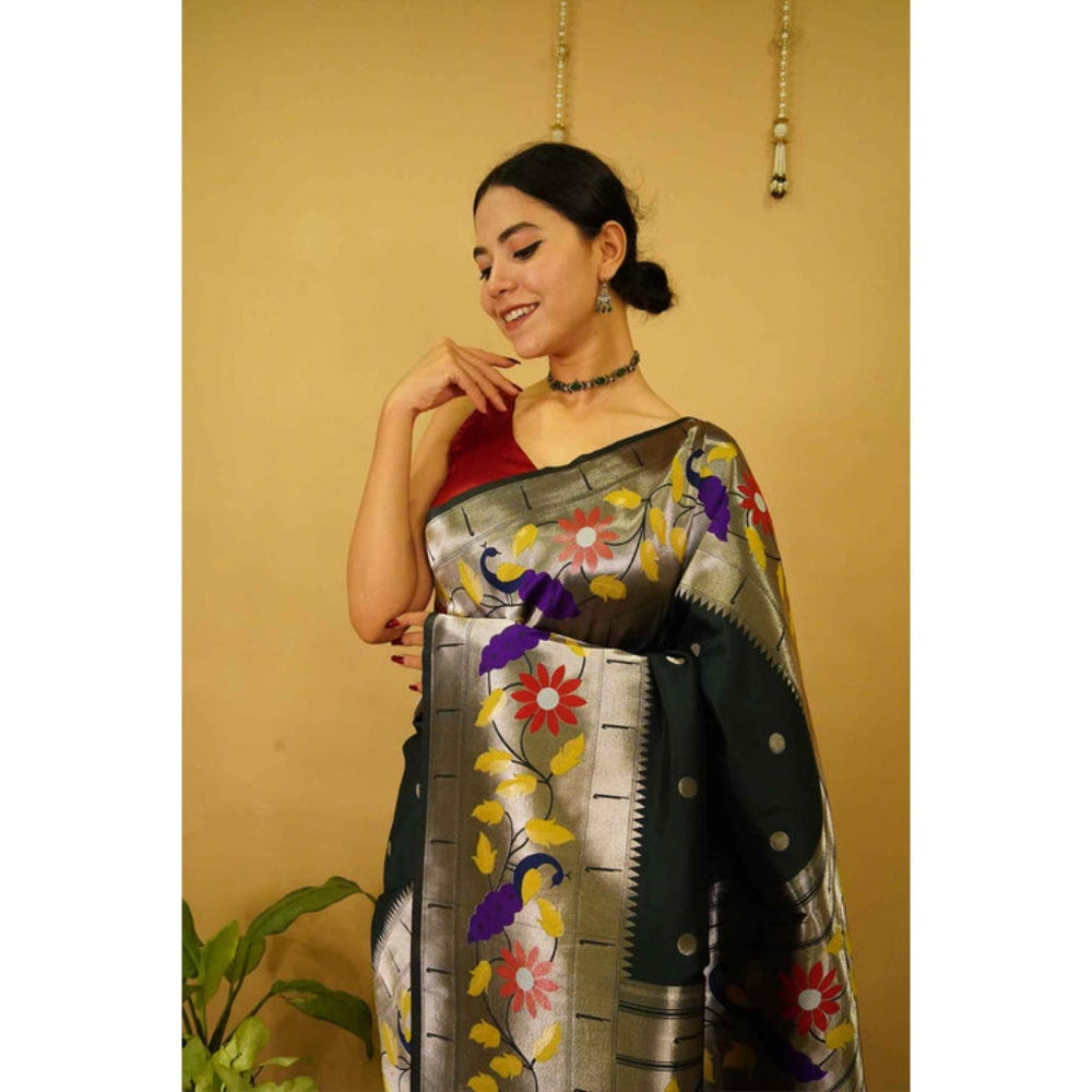 Isadora Life Womens Floral Woven Green Pre-Draped Saree With Unstitched Blouse