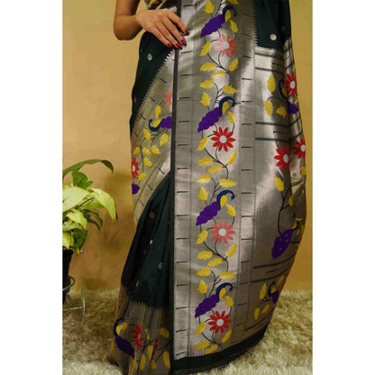 Isadora Life Womens Floral Woven Green Pre-Draped Saree With Unstitched Blouse