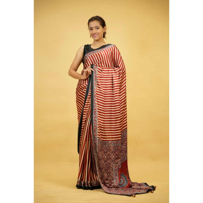 Isadora Life Womens Printed Stripes Red Pre-Draped Saree With Unstitched Blouse