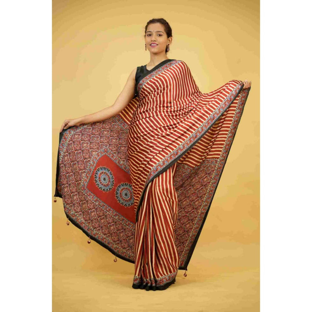 Isadora Life Womens Printed Stripes Red Pre-Draped Saree With Unstitched Blouse