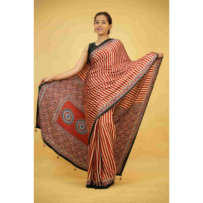 Isadora Life Womens Printed Stripes Red Pre-Draped Saree With Unstitched Blouse