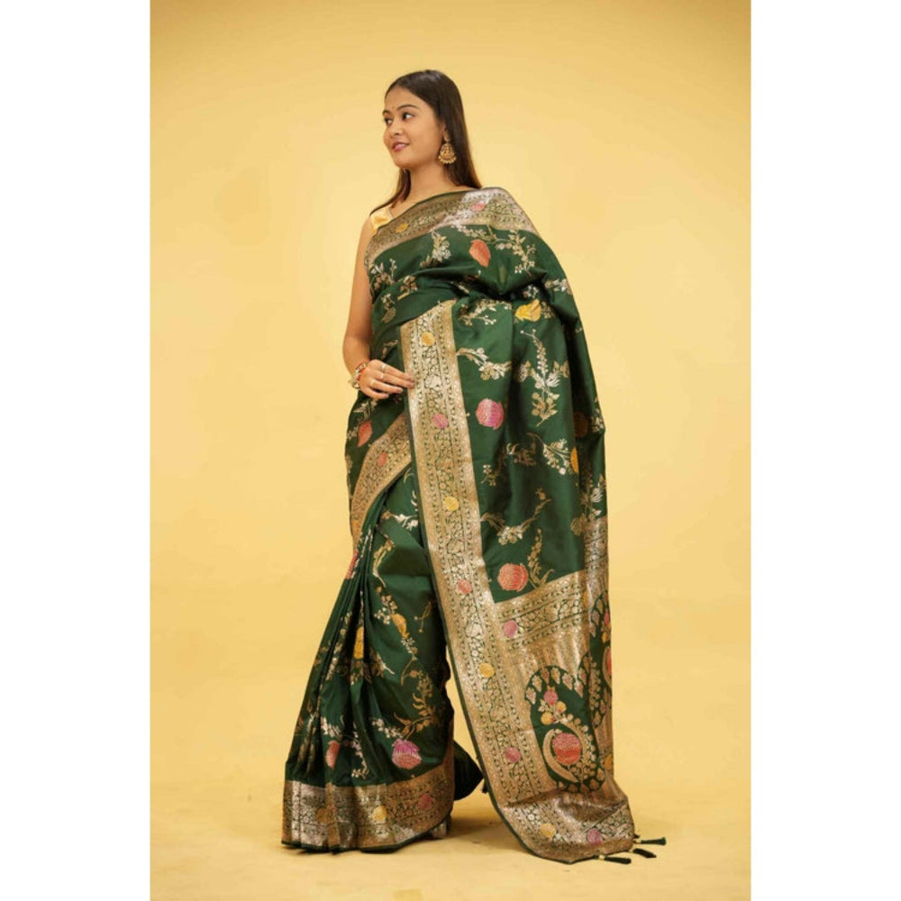 Isadora Life Womens Floral Printed Green Pre-Draped Saree With Unstitched Blouse