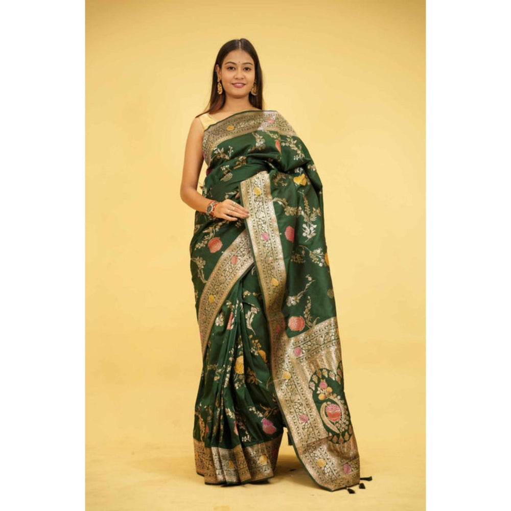 Isadora Life Womens Floral Printed Green Pre-Draped Saree With Unstitched Blouse