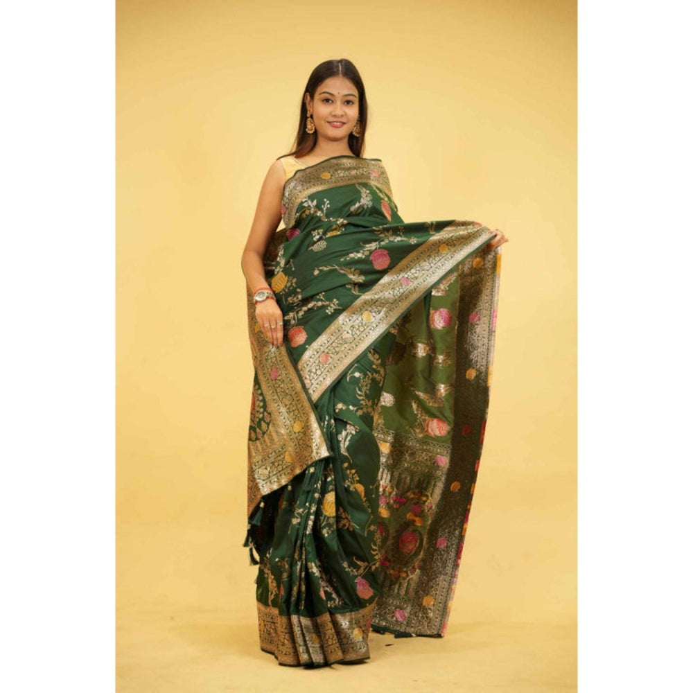 Isadora Life Womens Floral Printed Green Pre-Draped Saree With Unstitched Blouse