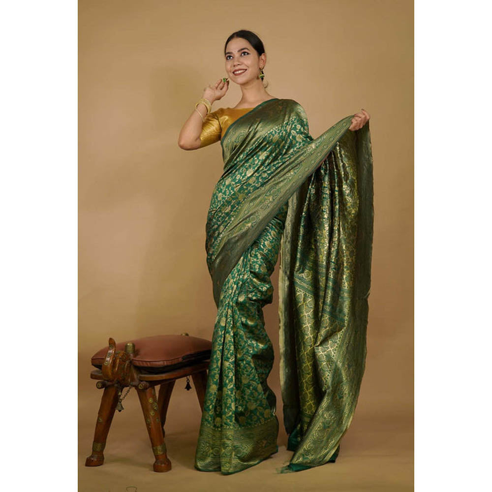 Isadora Life Womens Woven Zari Green Pre-Draped Saree With Unstitched Blouse