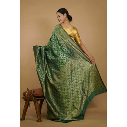 Isadora Life Womens Woven Zari Green Pre-Draped Saree With Unstitched Blouse