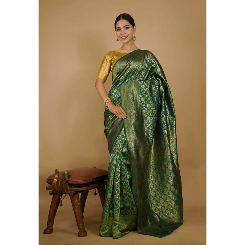 Isadora Life Womens Woven Zari Green Pre-Draped Saree With Unstitched Blouse