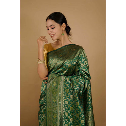 Isadora Life Womens Woven Zari Green Pre-Draped Saree With Unstitched Blouse