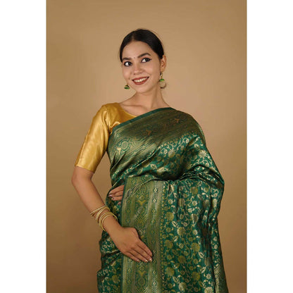Isadora Life Womens Woven Zari Green Pre-Draped Saree With Unstitched Blouse