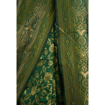 Isadora Life Womens Woven Zari Green Pre-Draped Saree With Unstitched Blouse