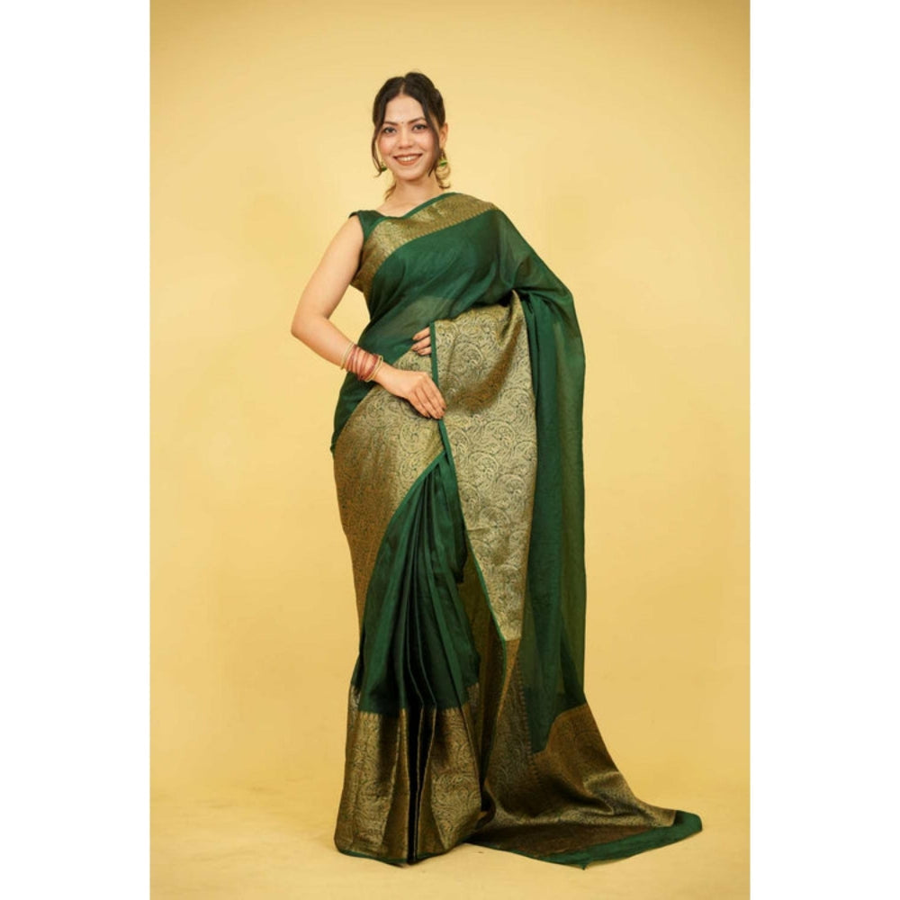 Isadora Life Womens Paisley Zari Green Pre-Draped Saree With Unstitched Blouse