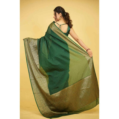 Isadora Life Womens Paisley Zari Green Pre-Draped Saree With Unstitched Blouse