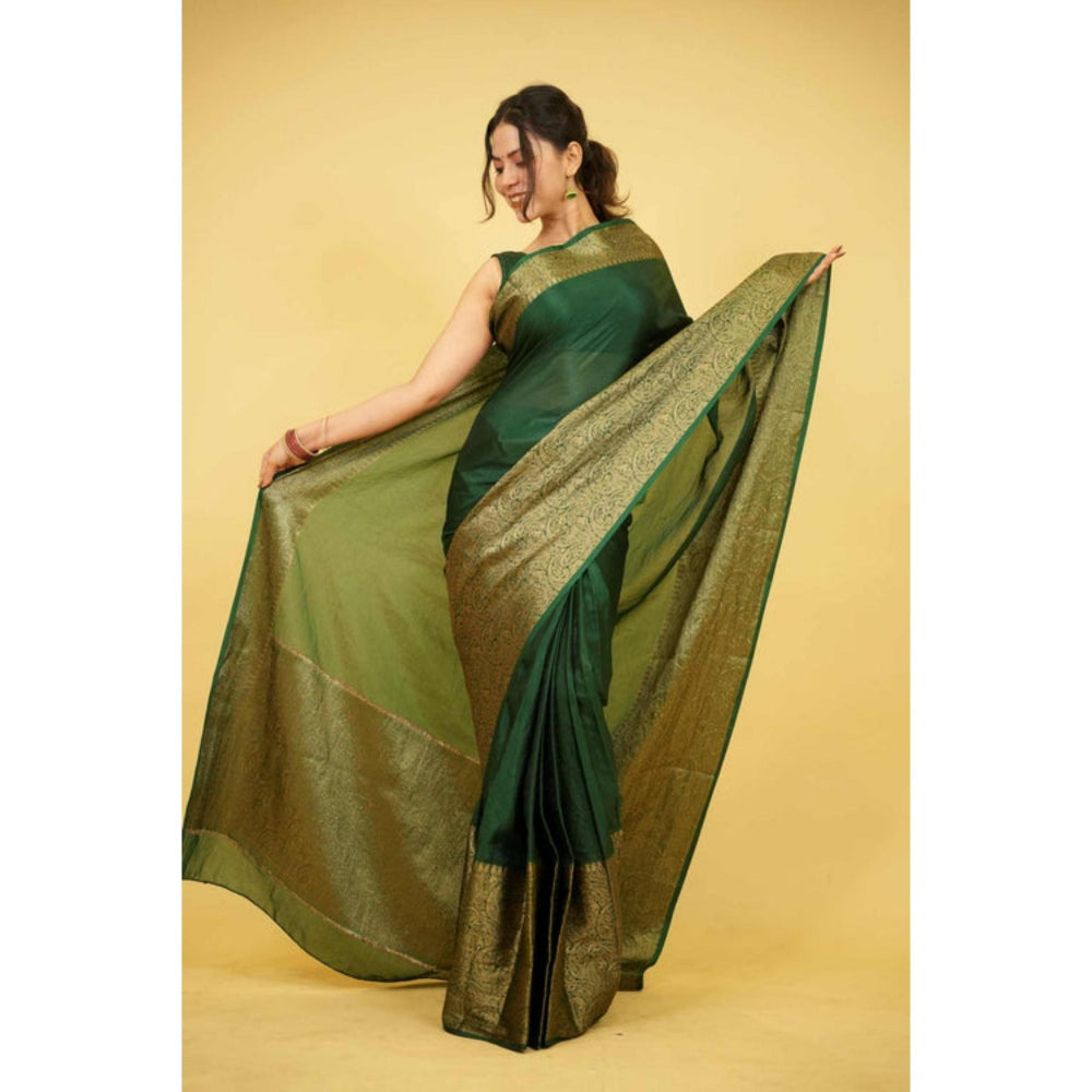 Isadora Life Womens Paisley Zari Green Pre-Draped Saree With Unstitched Blouse