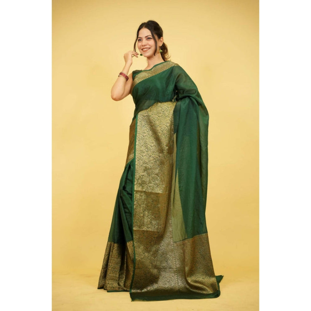 Isadora Life Womens Paisley Zari Green Pre-Draped Saree With Unstitched Blouse