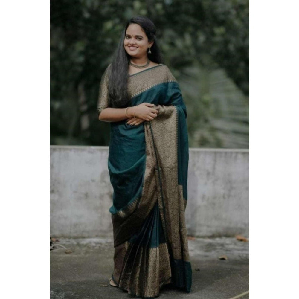 Isadora Life Womens Paisley Zari Green Pre-Draped Saree With Unstitched Blouse