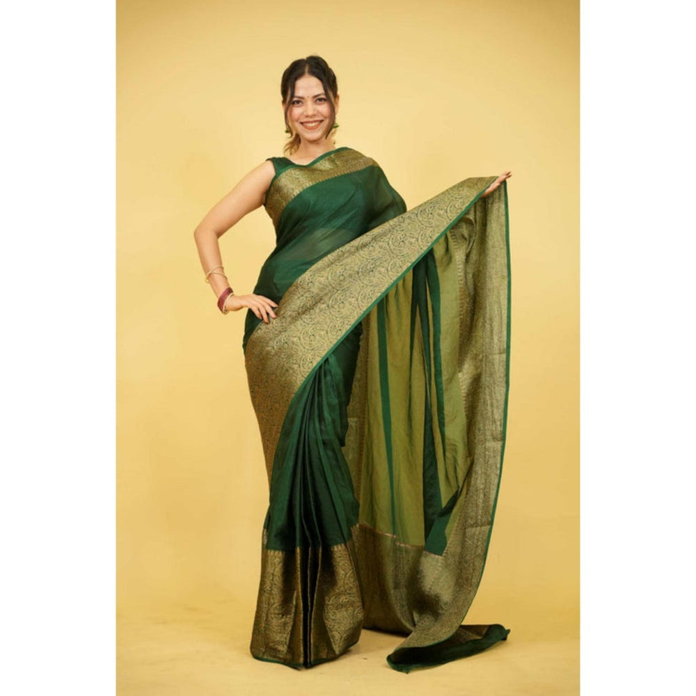 Isadora Life Womens Paisley Zari Green Pre-Draped Saree With Unstitched Blouse