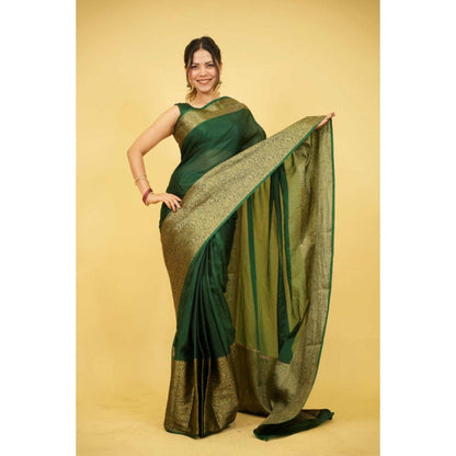 Isadora Life Womens Paisley Zari Green Pre-Draped Saree With Unstitched Blouse