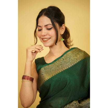 Isadora Life Womens Paisley Zari Green Pre-Draped Saree With Unstitched Blouse