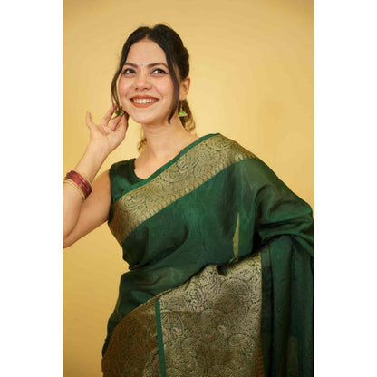 Isadora Life Womens Paisley Zari Green Pre-Draped Saree With Unstitched Blouse