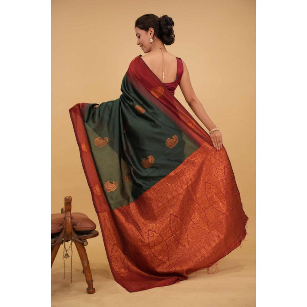 Isadora Life Womens Paisley Zari Green Pre-Draped Saree With Unstitched Blouse