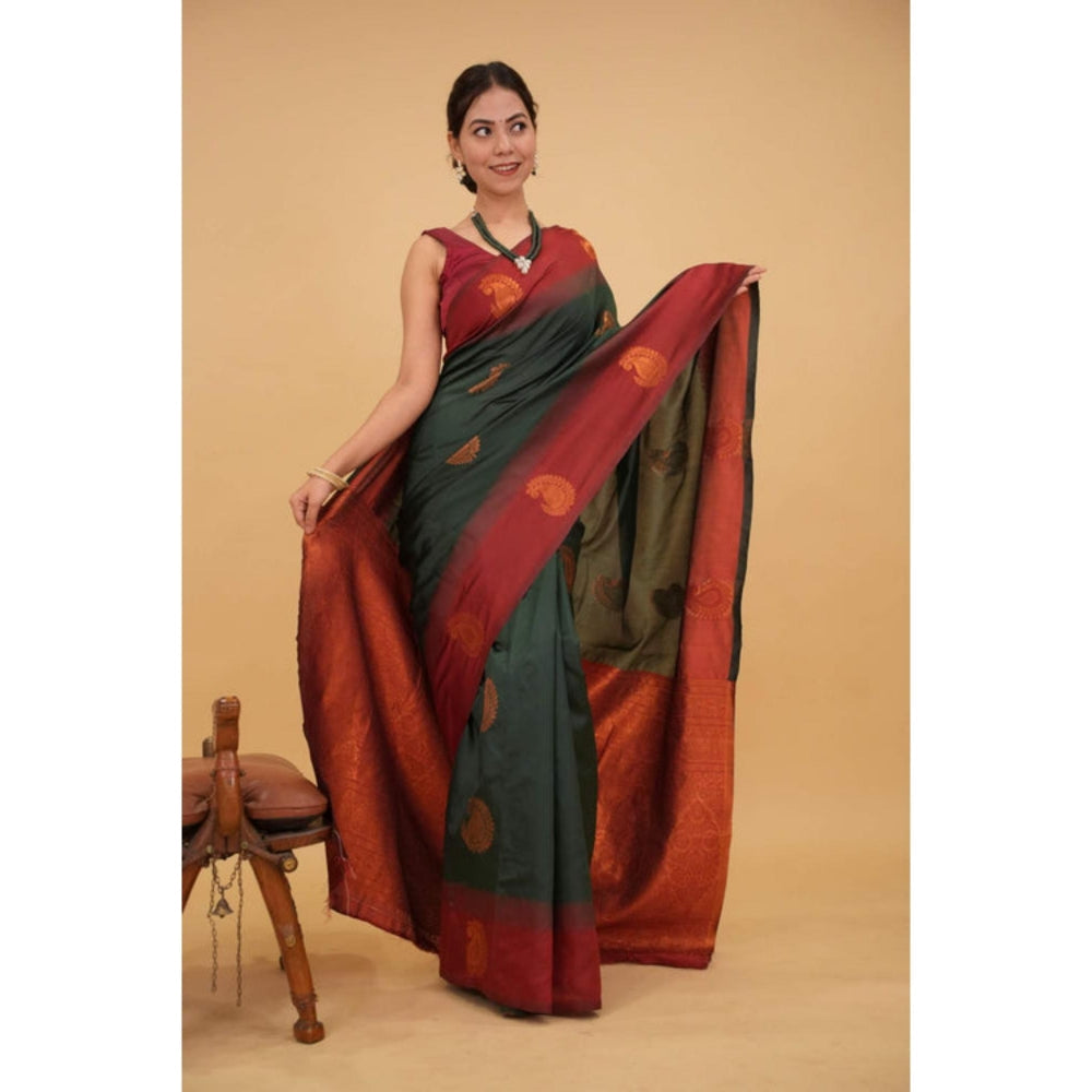 Isadora Life Womens Paisley Zari Green Pre-Draped Saree With Unstitched Blouse