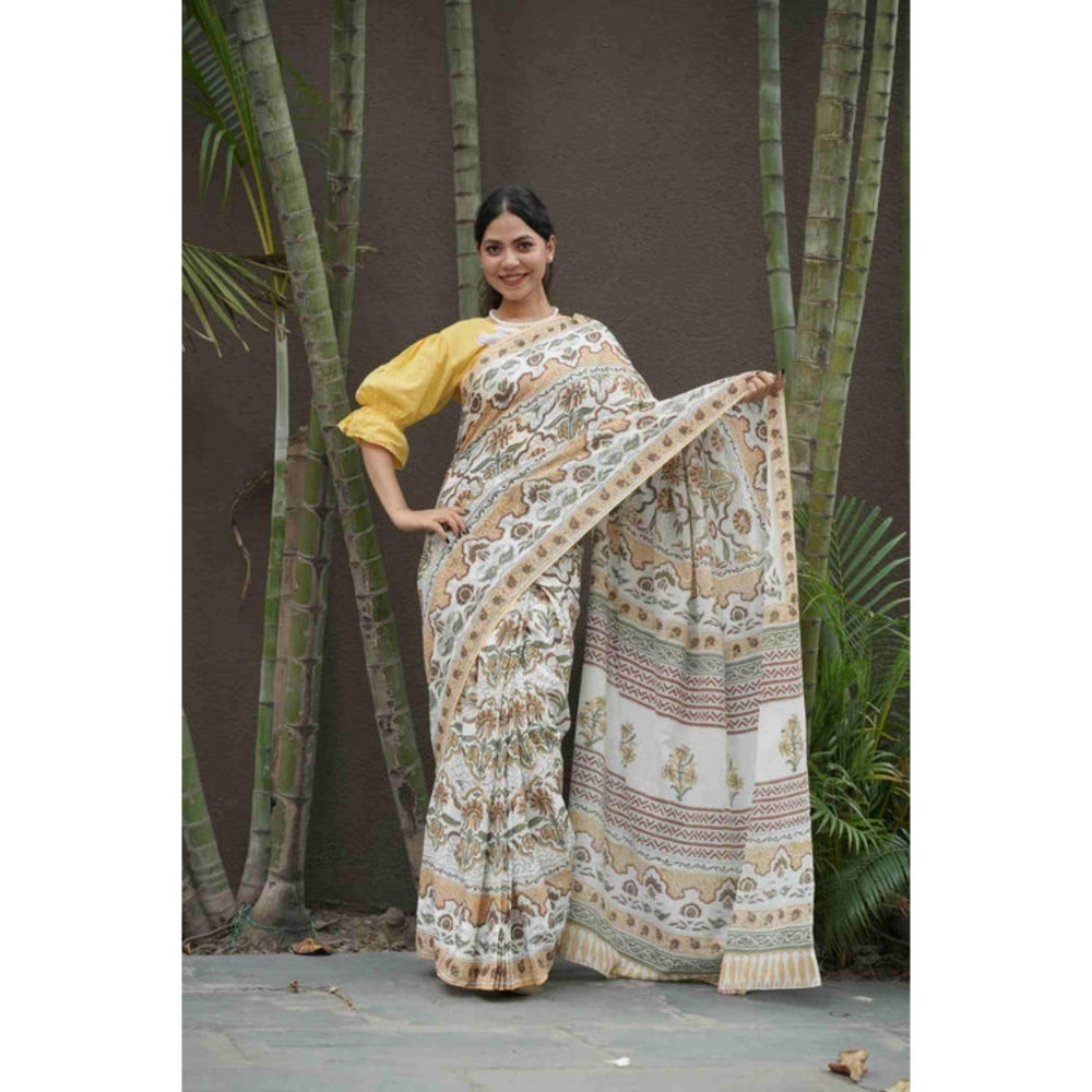 Isadora Life Womens Floral Printed White Pre-Draped Saree With Unstitched Blouse