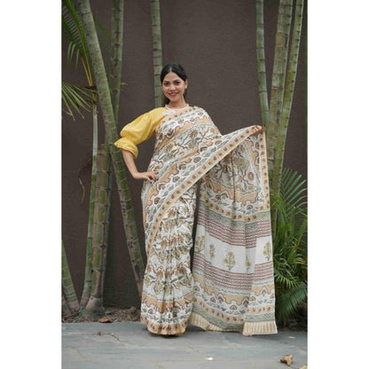 Isadora Life Womens Floral Printed White Pre-Draped Saree With Unstitched Blouse