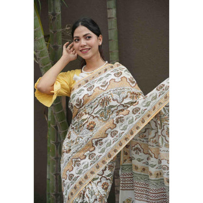 Isadora Life Womens Floral Printed White Pre-Draped Saree With Unstitched Blouse